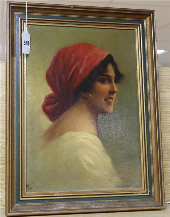 Italian School c.1900, oil on canvas board, Portrait of a young woman, indistinctly signed, 38 x 26cm